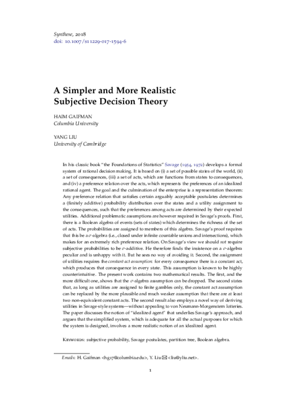 (PDF) A Simpler and More Realistic Subjective Decision Theory