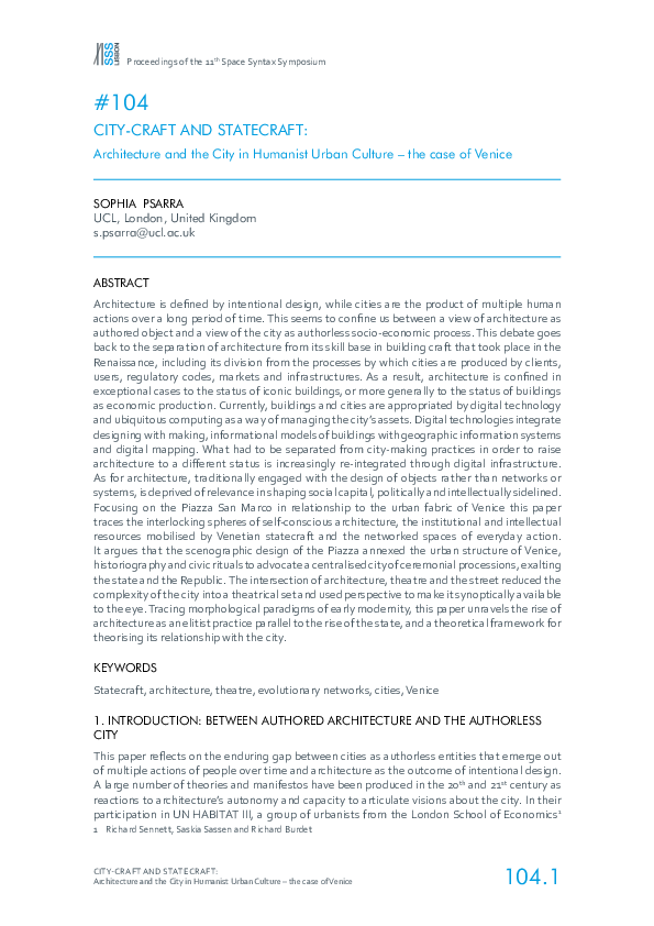 Citycraft and Statecraft: Architecture and the City in Humanist Urban Culture - the case of Venice