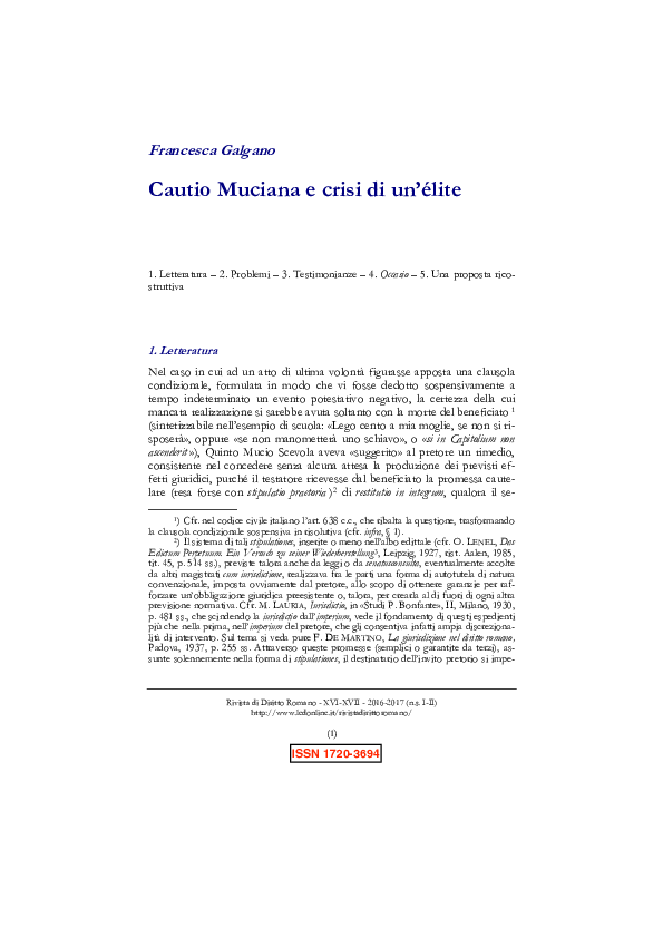 (PDF) “Cautio Muciana e crisi di un’élite”, in Rivista di Diritto