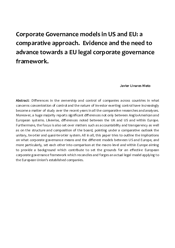 (DOC) Corporate Governance models in US and EU: a comparative approach ...