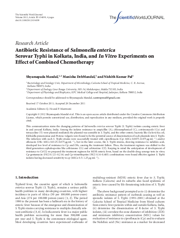 (PDF) Antibiotic Resistance of Salmonella enterica Serovar Typhi in ...