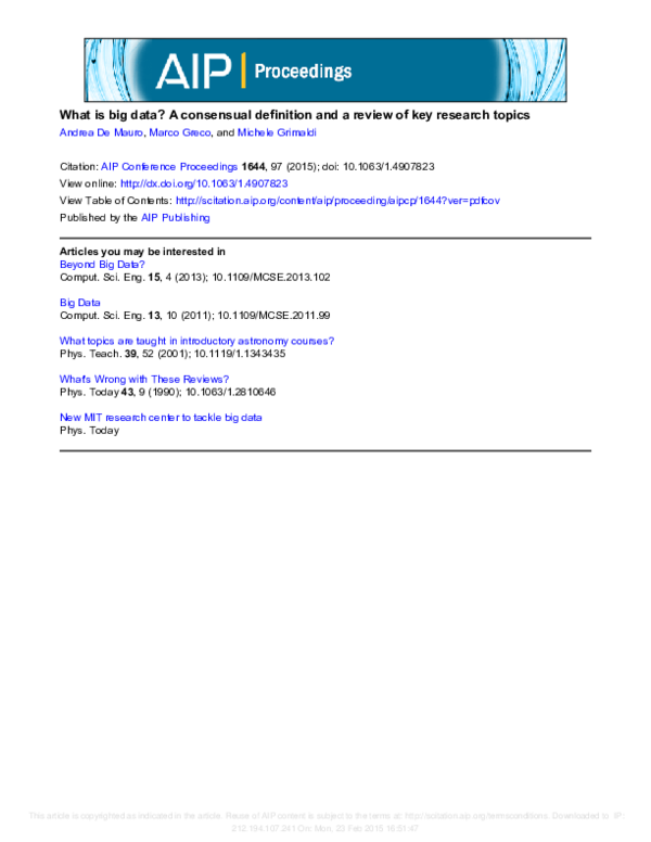(PDF) What is big data? A consensual definition and a review of key research topics | Abdulaziz