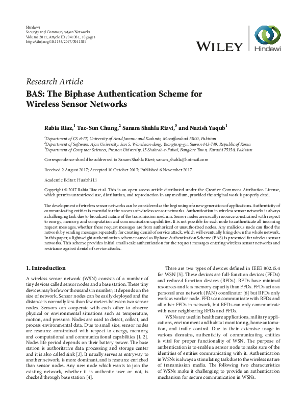(PDF) BAS: The Biphase Authentication Scheme for Wireless Sensor Networks