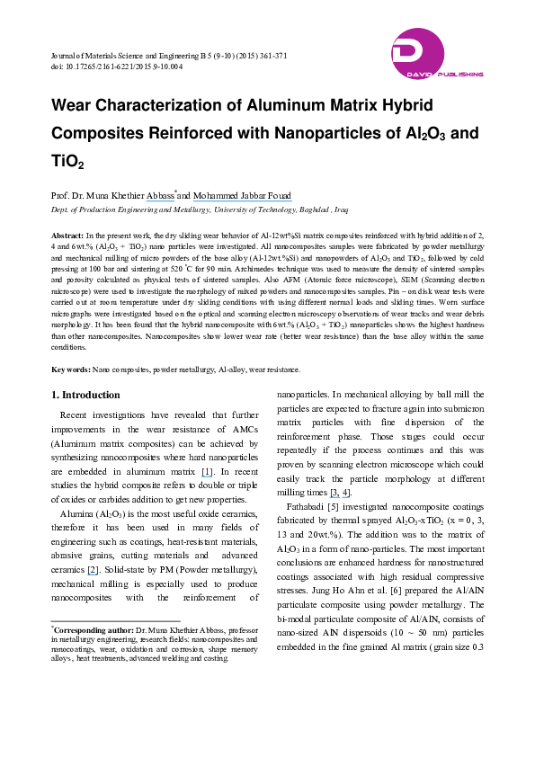 (PDF) Wear Characterization of Aluminum Matrix Hybrid Composites ...