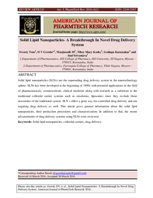 (PDF) Solid Lipid Nanoparticles-A Breakthrough In Novel Drug Delivery ...