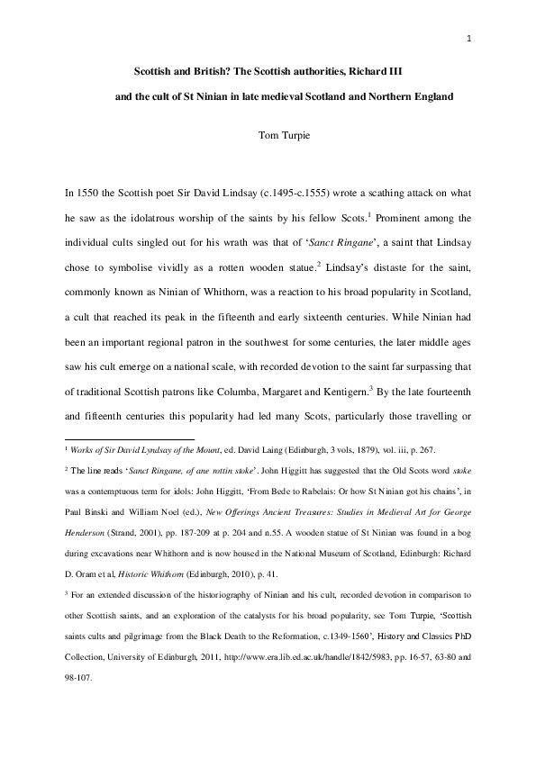 Scottish and British? The Scottish authorities, Richard III and the cult of St Ninian in late medieval Scotland and Northern England