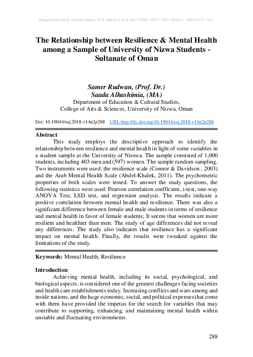 (PDF) The Relationship between Resilience & Mental Health among a ...