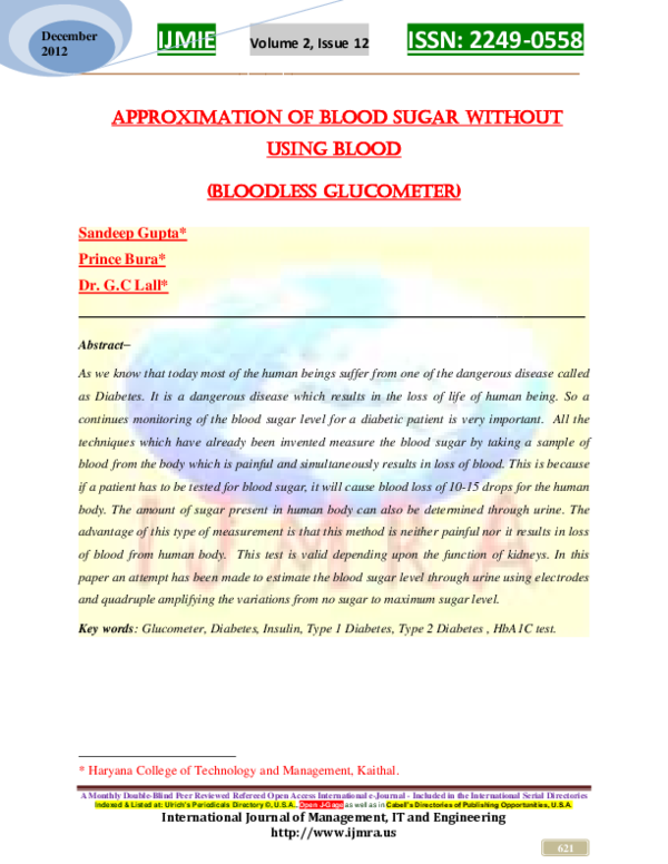(PDF) APPROXIMATION OF BLOOD SUGAR WITHOUT USING BLOOD (BLOODLESS ...