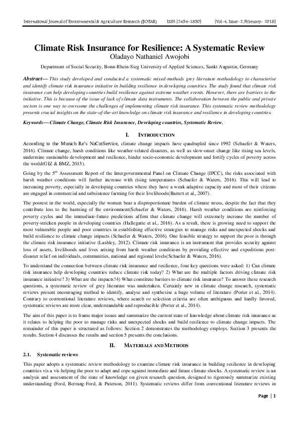 (PDF) Climate Risk Insurance for Resilience: A Systematic Review