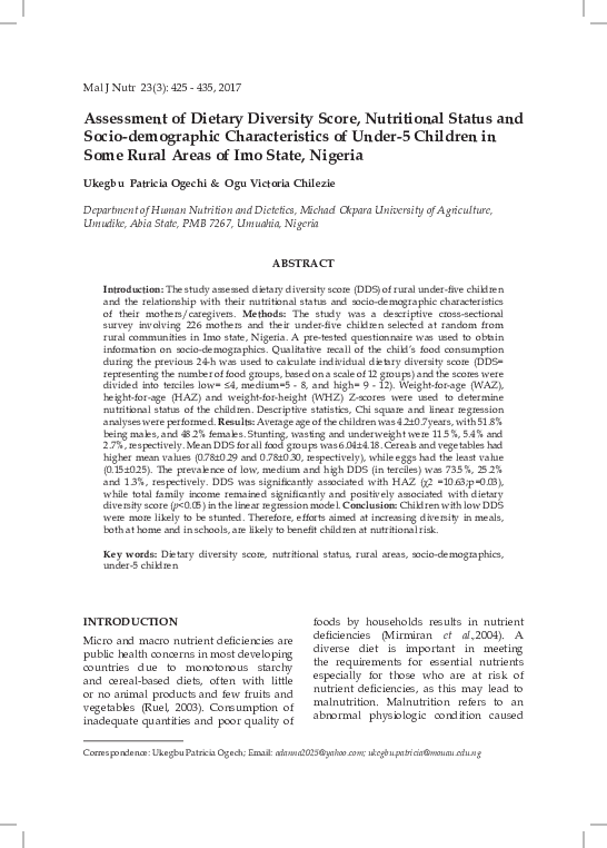 (PDF) Assessment of Dietary Diversity Score, Nutritional Status and ...