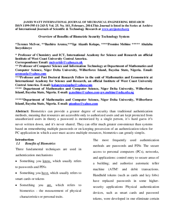 (PDF) Overview of Benefits of Biometric Security Technology System