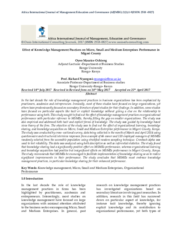 (DOC) Effect of Knowledge Management Practices on Micro, Small and ...