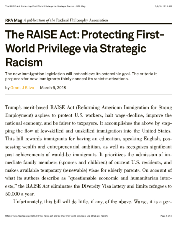 (PDF) The RAISE Act: Protecting First- World Privilege via Strategic Racism