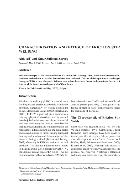 (PDF) CHARACTERISATION AND FATIGUE OF FRICTION STIR WELDING