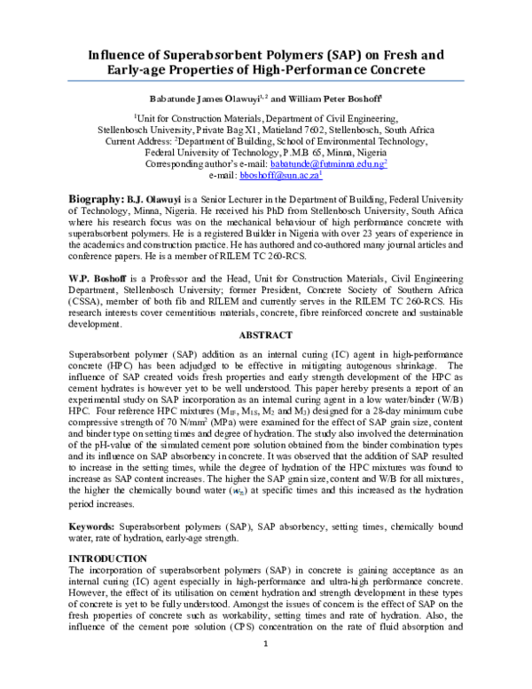 (PDF) Influence of Superabsorbent Polymers (SAP) on Fresh and Early‐age ...