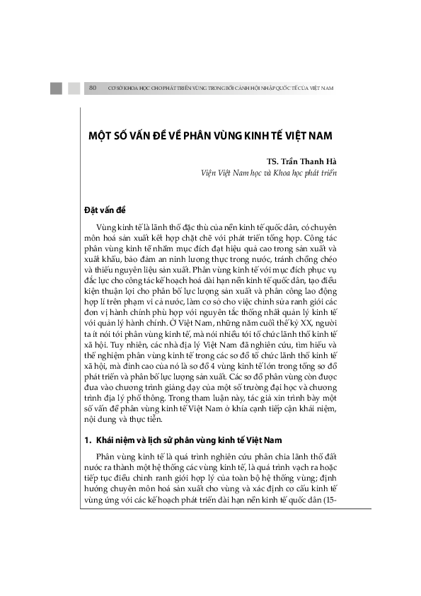 First page of “MỘT SỐ VẤN ĐỀ VỀ PHÂN VÙNG KINH TẾ VIỆT NAM”