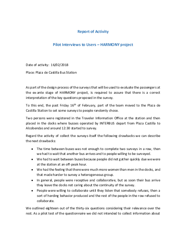 (DOC) Report of Activity Pilot Interviews to Users – HARMONY project
