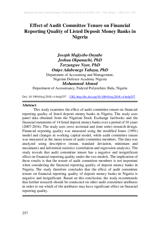(PDF) Effect of Audit Committee Tenure on Financial Reporting Quality ...
