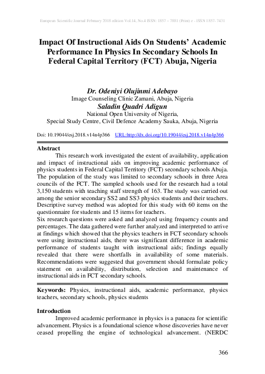 (PDF) Impact Of Instructional Aids On Students' Academic Performance In ...