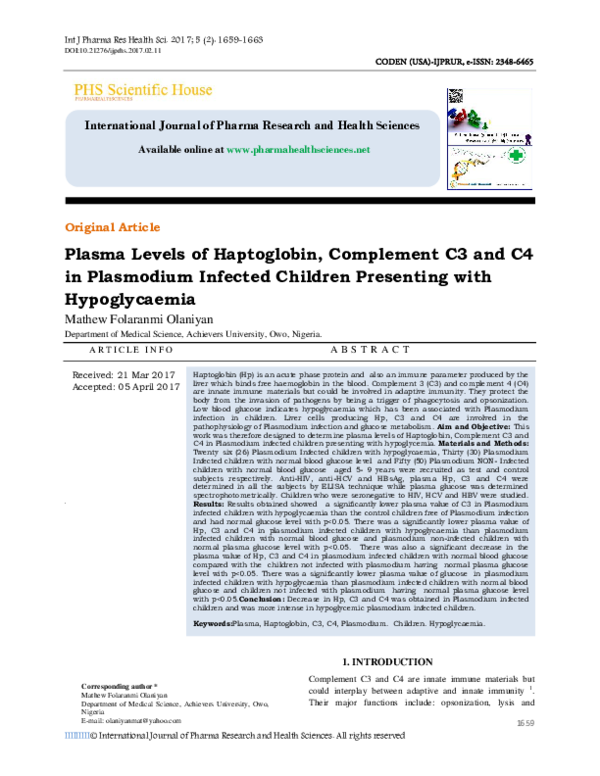 (PDF) Plasma Levels of Haptoglobin, Complement C3 and C4 in Plasmodium ...