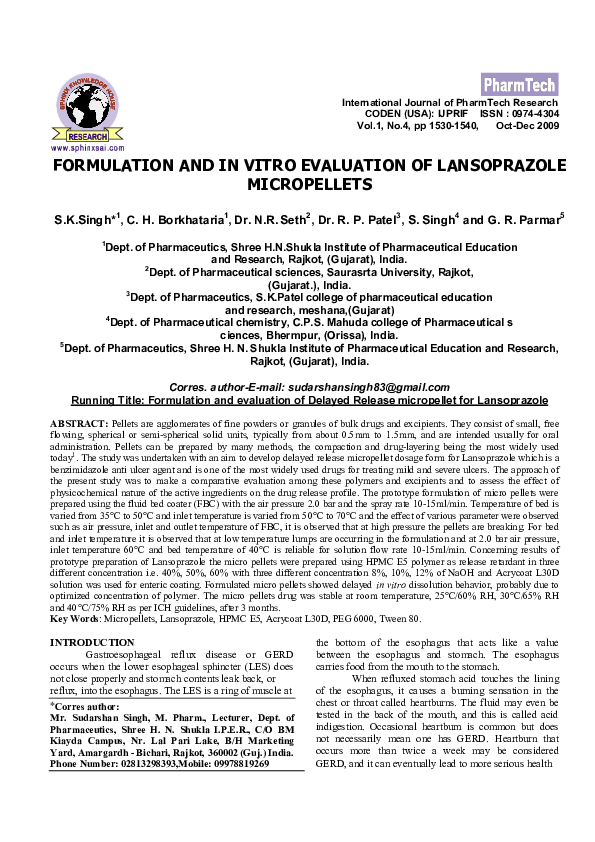 (PDF) Formulation and in Vitro Evaluation of Lansoprazole Micropellets