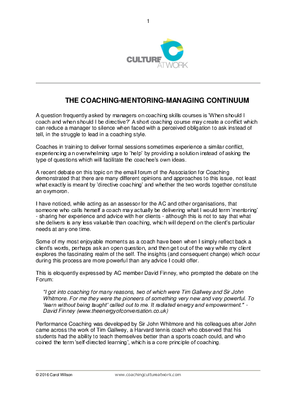 (PDF) THE COACHING-MENTORING-MANAGING CONTINUUM