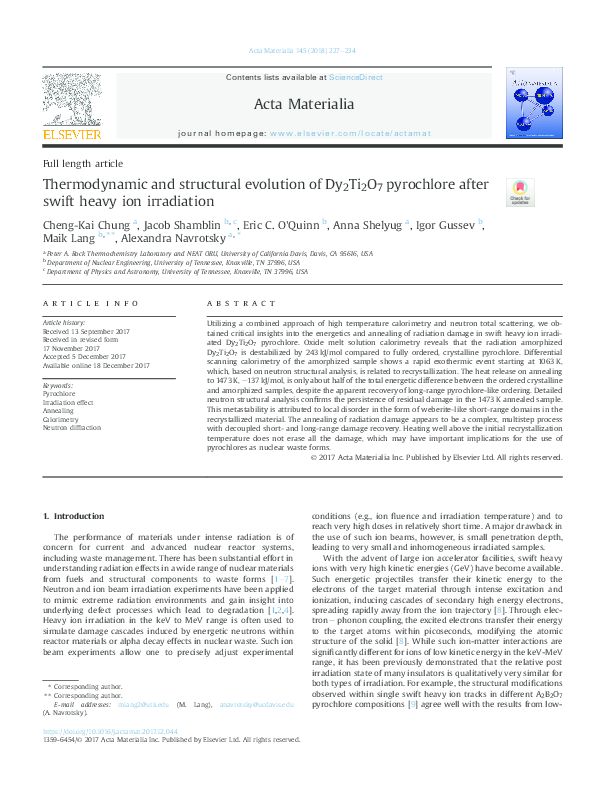 (PDF) Thermodynamic and structural evolution of Dy2Ti2O7 pyrochlore ...