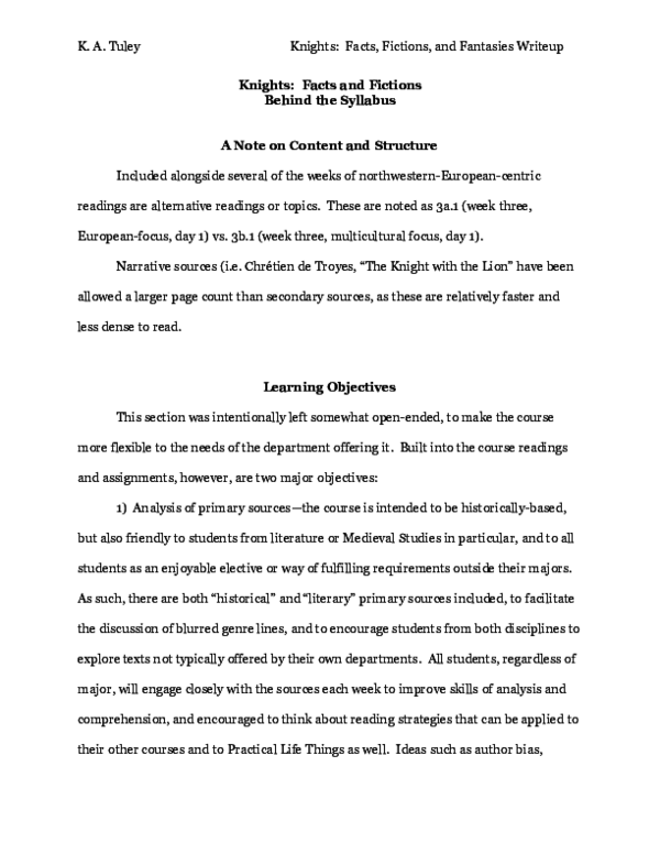 Behind the Chivalry Syllabus: A Note on Content and Structure