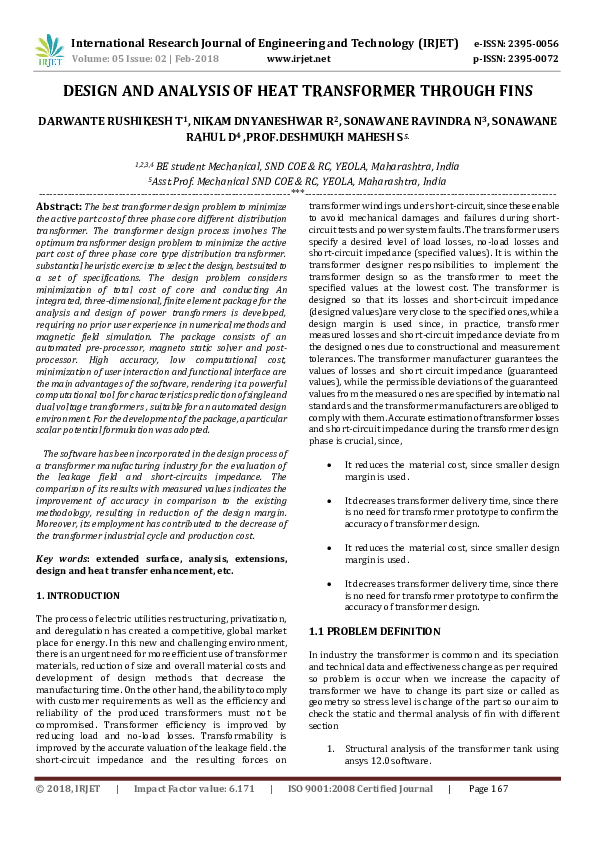 (PDF) DESIGN AND ANALYSIS OF HEAT TRANSFORMER THROUGH FINS IRJET