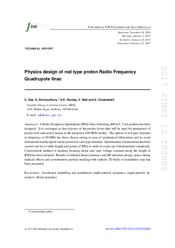 (PDF) Physics design of rod type proton Radio Frequency Quadrupole linac