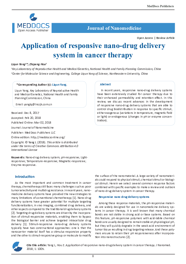 (PDF) Application of responsive nano-drug delivery system in cancer therapy