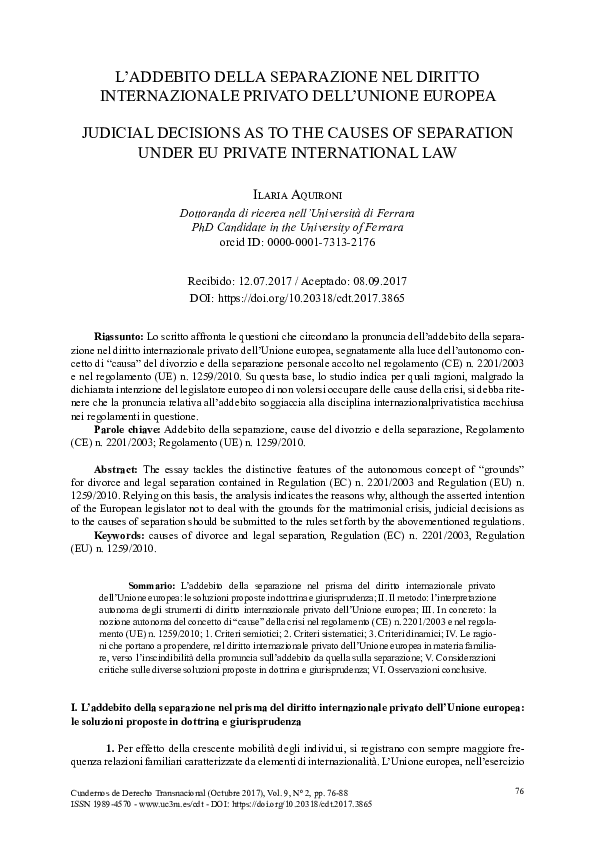 PDF) L'addebito della separazione nel diritto internazionale ...