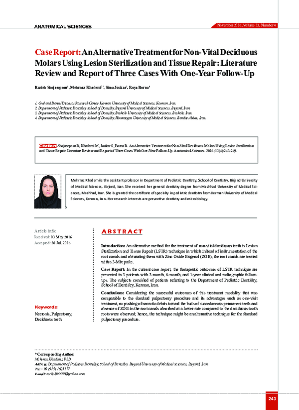 (PDF) An Alternative Treatment for NonVital Deciduous Molars Using Lesion Sterilization and