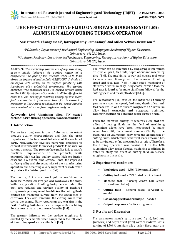 (PDF) THE EFFECT OF CUTTING FLUID ON SURFACE ROUGHNESS OF LM6 ALUMINIUM ...