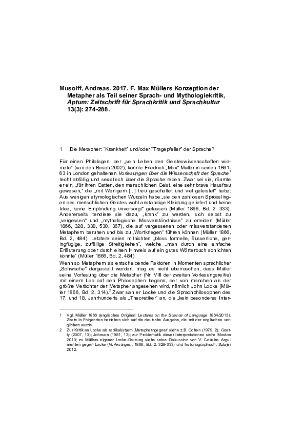 F. Max Müllers Konzeption der Metapher als Teil seiner Sprach- und Mythologiekritik