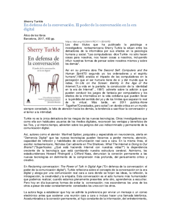 (PDF) En defensa de la conversación. El poder de la conversación en la (PDF) En defensa de la conversación. El poder de la conversación en la