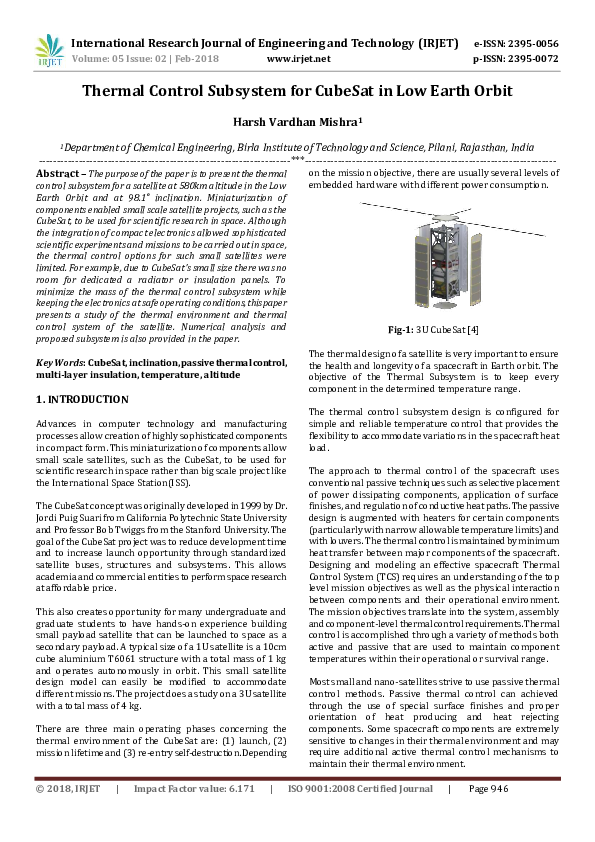 (PDF) Thermal Control Subsystem for CubeSat in Low Earth Orbit IRJET