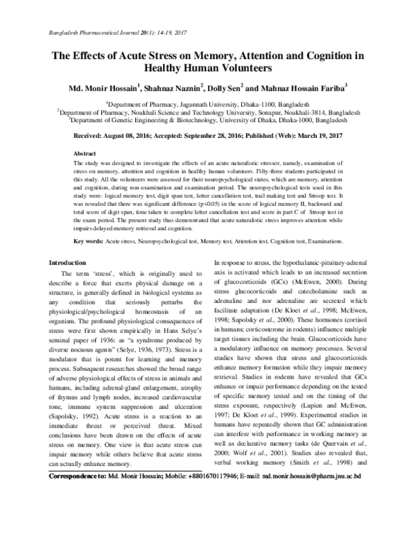(PDF) The Effects of Acute Stress on Memory, Attention and Cognition in ...