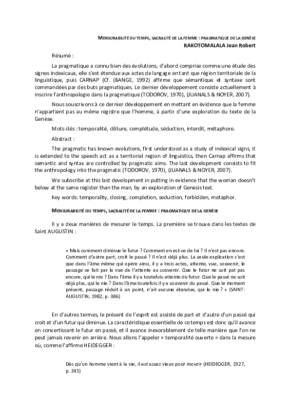(PDF) MENSURABILITÉ DU TEMPS, SACRALITÉ DE LA FEMME PRAGMATIQUE DE LA