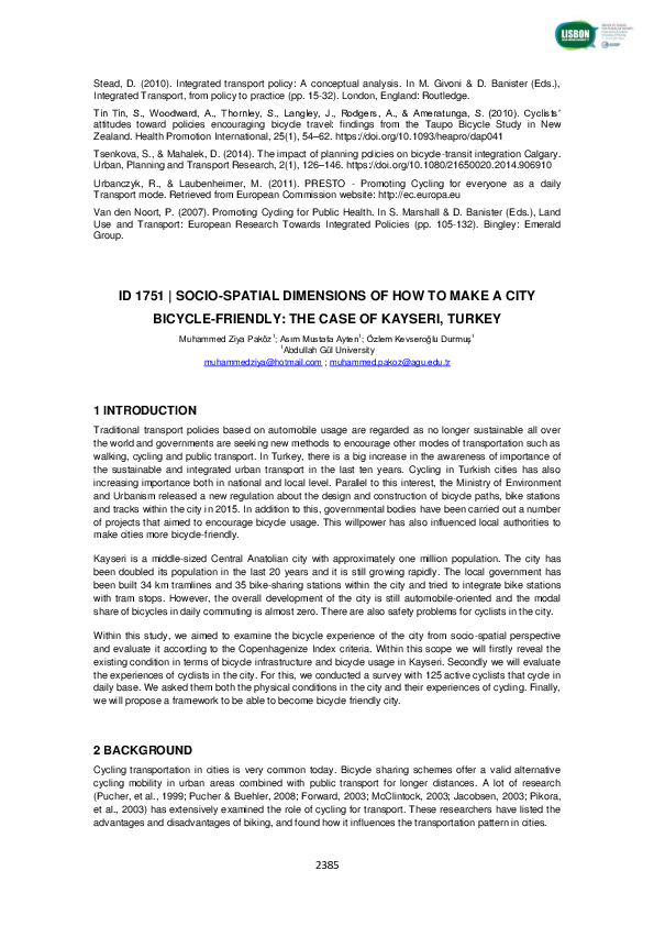 SOCIO-SPATIAL DIMENSIONS OF HOW TO MAKE A CITY BICYCLE-FRIENDLY: THE CASE OF KAYSERI, TURKEY
