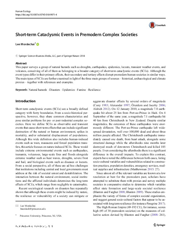 (PDF) Short-term Cataclysmic Events in Premodern Complex Societies
