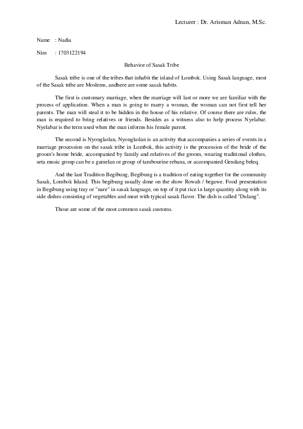(DOC) Asignment 1 Behavior of Sasak Tribe