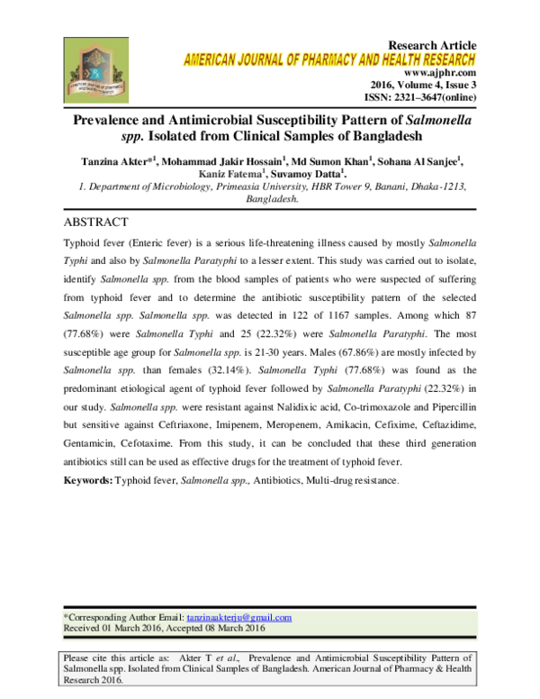(PDF) Prevalence and Antimicrobial Susceptibility Pattern of Salmonella ...