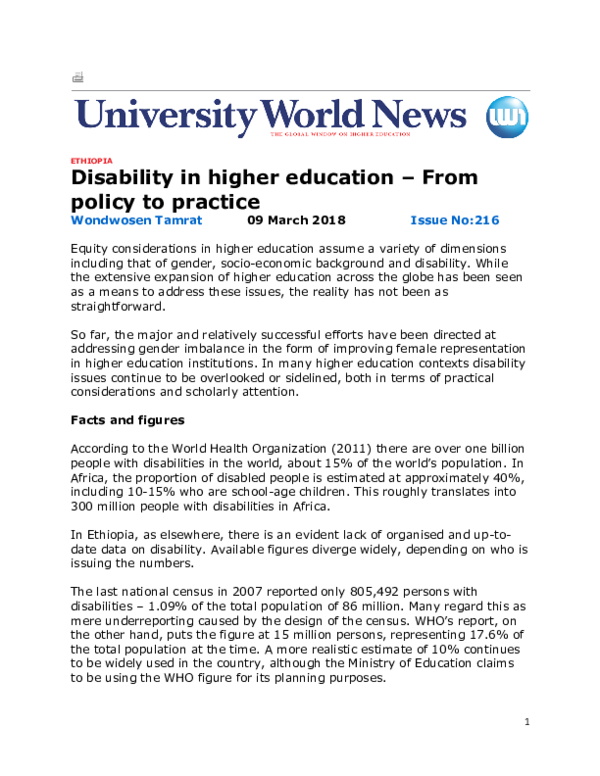 (PDF) Disability in higher education – From policy to practice