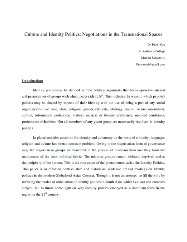 (PDF) Culture and Identity Politics: Negotiations in the Transnational ...