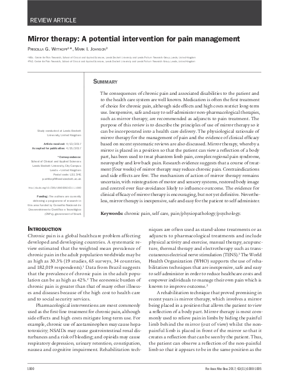(PDF) Mirror therapy A potential intervention for pain management Sarkis Adjounian Academia.edu