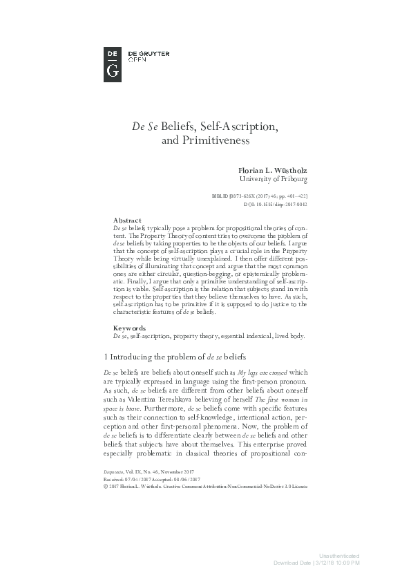 (PDF) De Se Beliefs, Self-Ascription, and Primitiveness (2018)