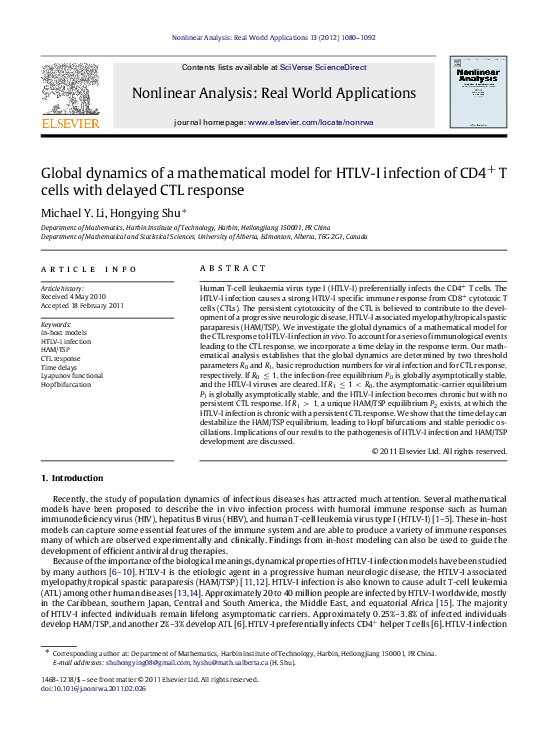 (PDF) Global dynamics of a mathematical model for HTLV-I infection of ...