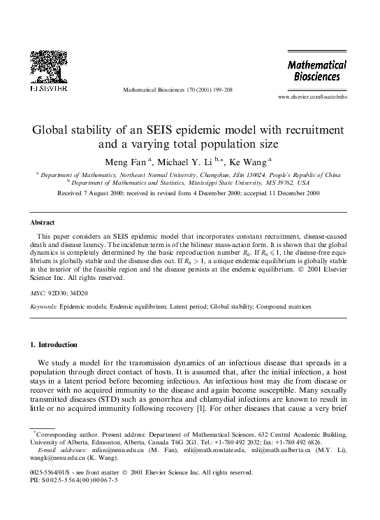 (PDF) Global stability of an SEIS epidemic model with recruitment and a ...