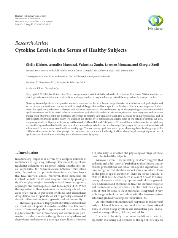 (PDF) Cytokine Levels in the Serum of Healthy Subjects